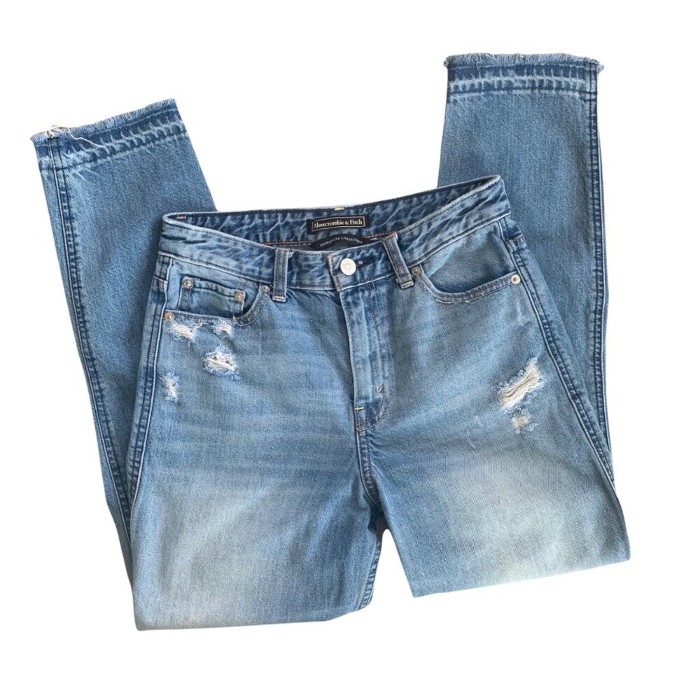 Abercrombie & Fitch Medium Wash Denim Raw Hem Distressed Capri's 25